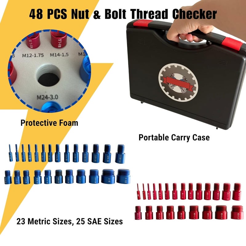 Nyoria 48PCS Nut and Bolt Thread Checker, 25 SAE & 23 Metric Box Kit Thread Gauge, Bolt Size Finder for Quickly Identifying - Image 2